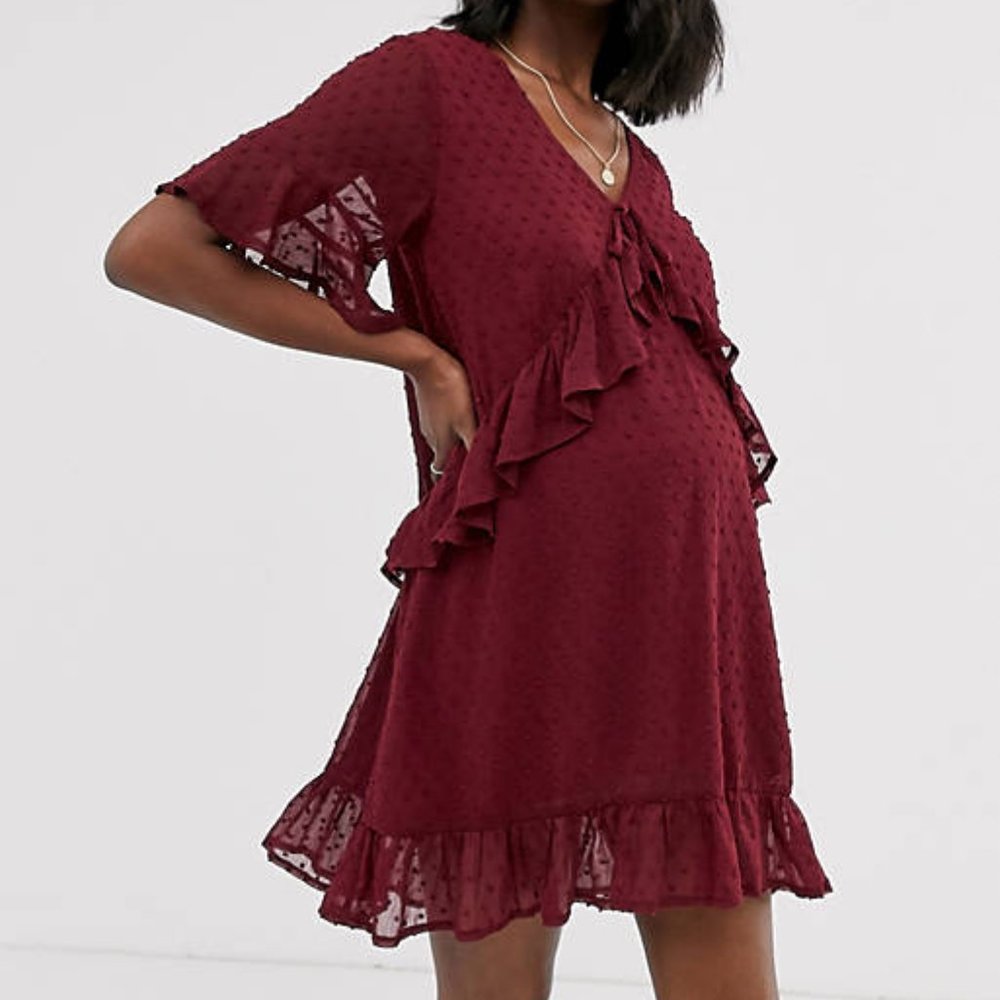 Maternity Relaxed Smock Dot Dress in Burgundy
